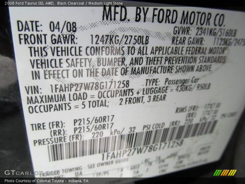 Black Clearcoat / Medium Light Stone 2008 Ford Taurus SEL AWD