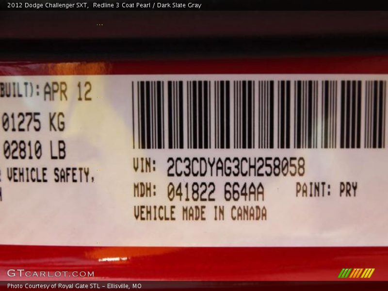 Redline 3 Coat Pearl / Dark Slate Gray 2012 Dodge Challenger SXT