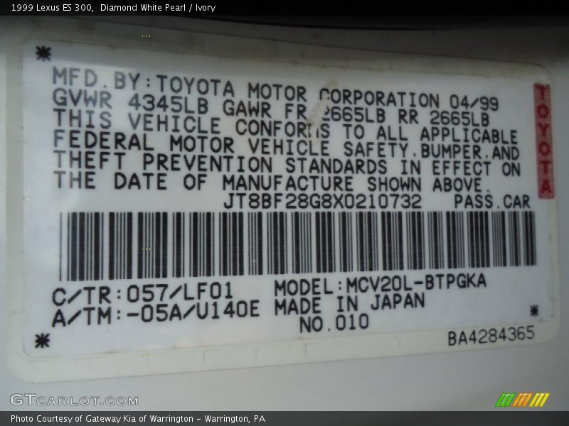 1999 ES 300 Diamond White Pearl Color Code 057