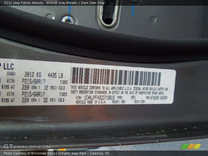 2012 Patriot Altitude Mineral Gray Metallic Color Code PDM