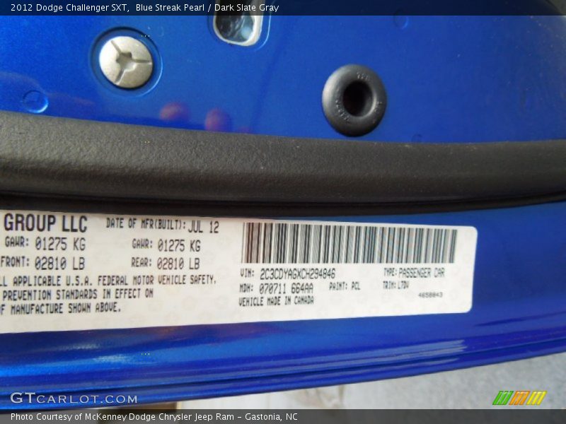2012 Challenger SXT Blue Streak Pearl Color Code PCL