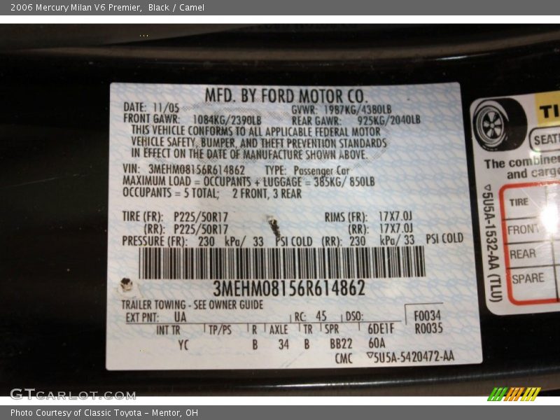 Black / Camel 2006 Mercury Milan V6 Premier