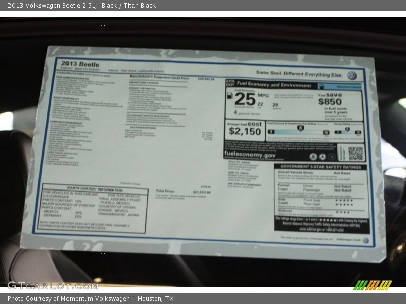  2013 Beetle 2.5L Window Sticker