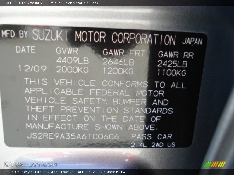 Platinum Silver Metallic / Black 2010 Suzuki Kizashi SE