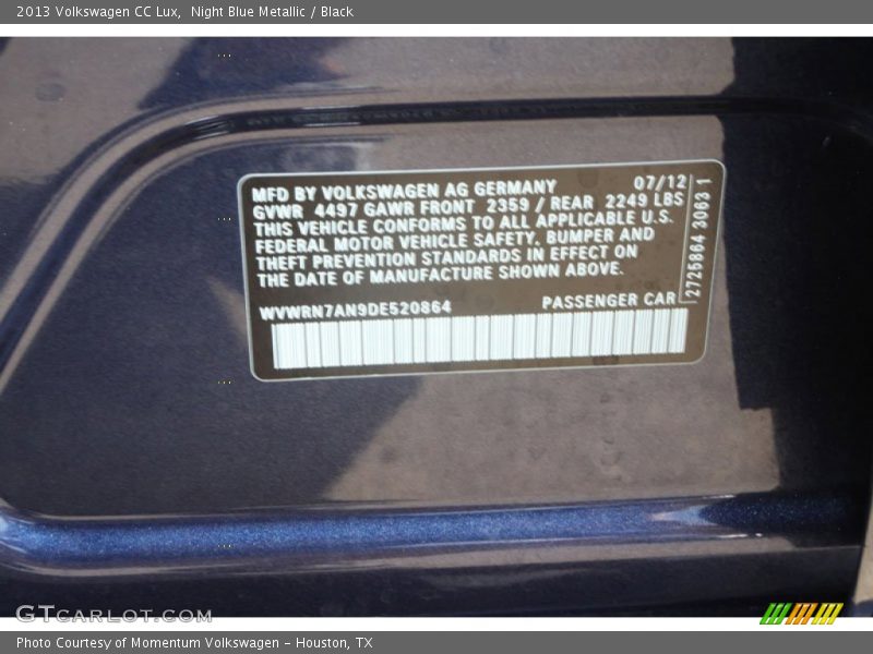 Night Blue Metallic / Black 2013 Volkswagen CC Lux