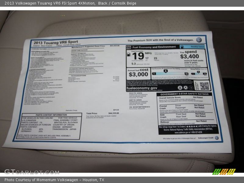 Black / Cornsilk Beige 2013 Volkswagen Touareg VR6 FSI Sport 4XMotion