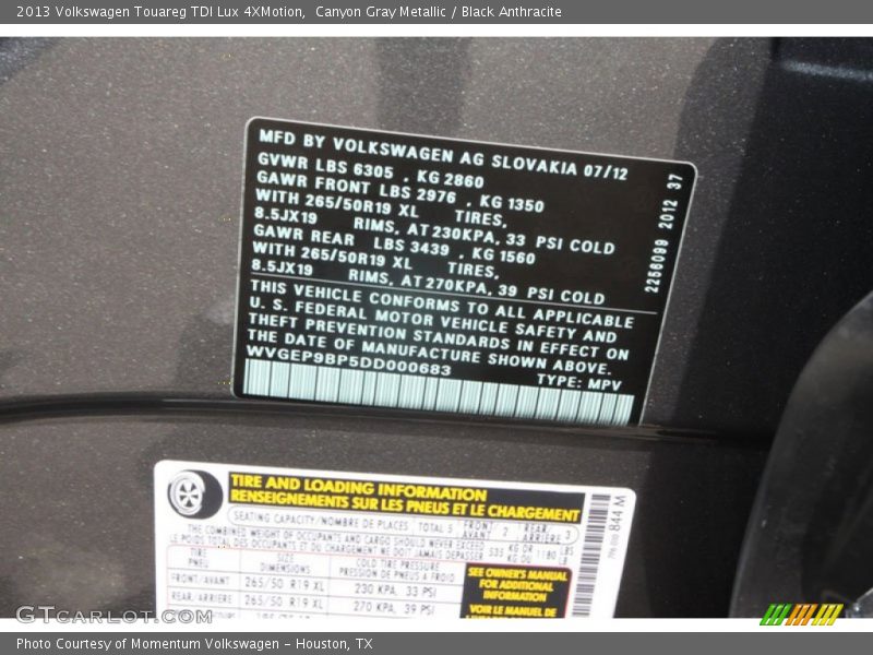 Canyon Gray Metallic / Black Anthracite 2013 Volkswagen Touareg TDI Lux 4XMotion