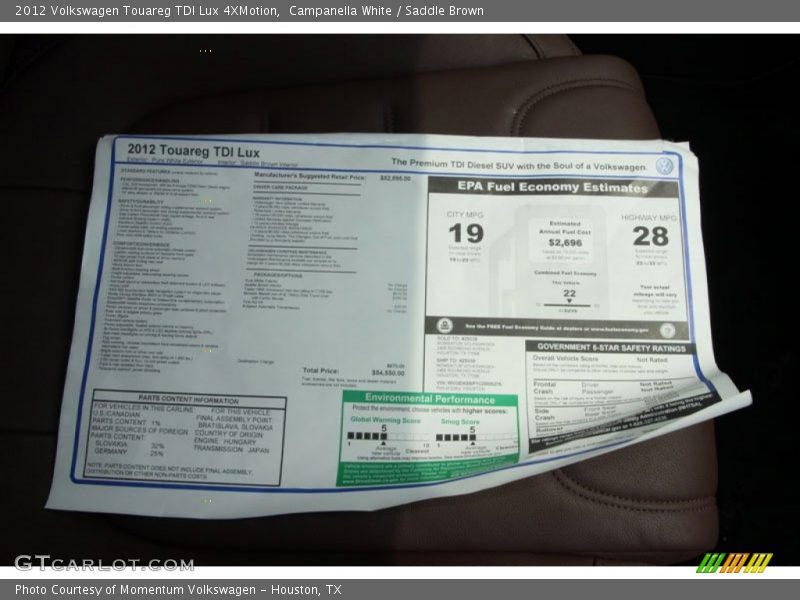 Campanella White / Saddle Brown 2012 Volkswagen Touareg TDI Lux 4XMotion