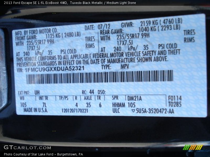 2013 Escape SE 1.6L EcoBoost 4WD Tuxedo Black Metallic Color Code UH