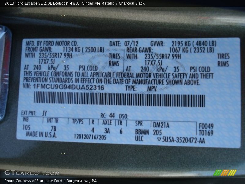 2013 Escape SE 2.0L EcoBoost 4WD Ginger Ale Metallic Color Code JY