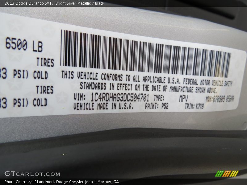 2013 Durango SXT Bright Silver Metallic Color Code PS2