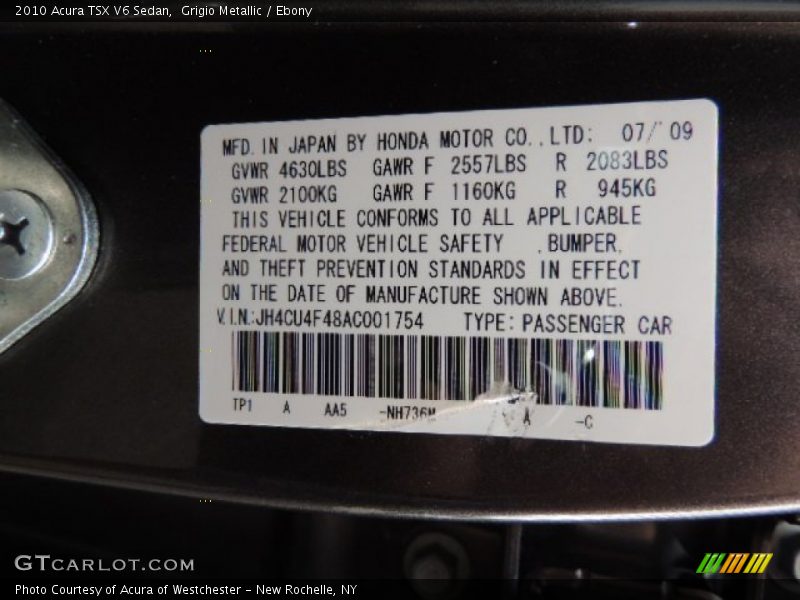 Grigio Metallic / Ebony 2010 Acura TSX V6 Sedan