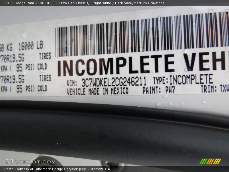 Bright White / Dark Slate/Medium Graystone 2012 Dodge Ram 4500 HD SLT Crew Cab Chassis