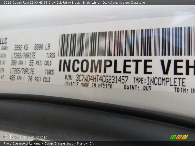 Bright White / Dark Slate/Medium Graystone 2012 Dodge Ram 2500 HD ST Crew Cab Utility Truck
