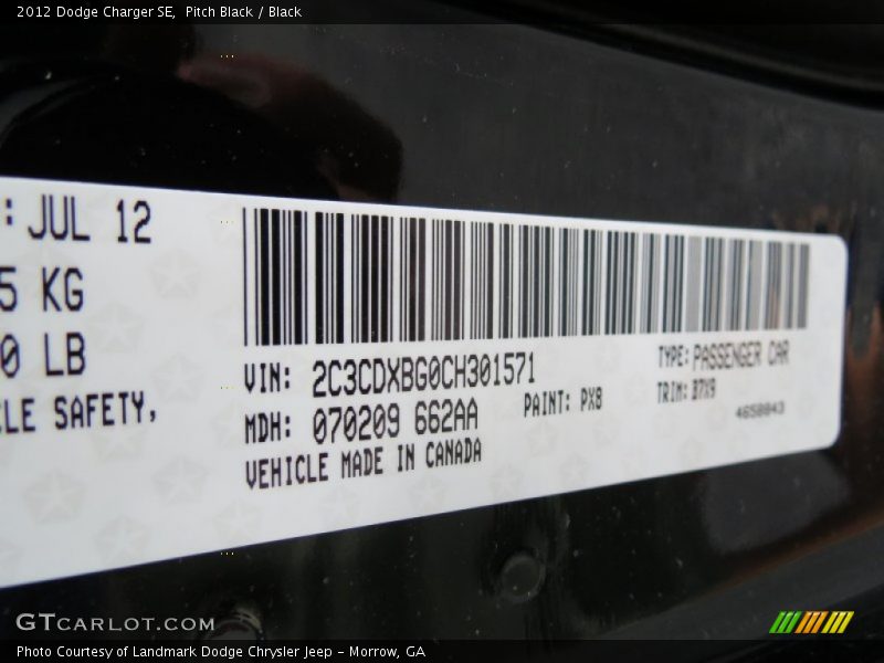 Pitch Black / Black 2012 Dodge Charger SE