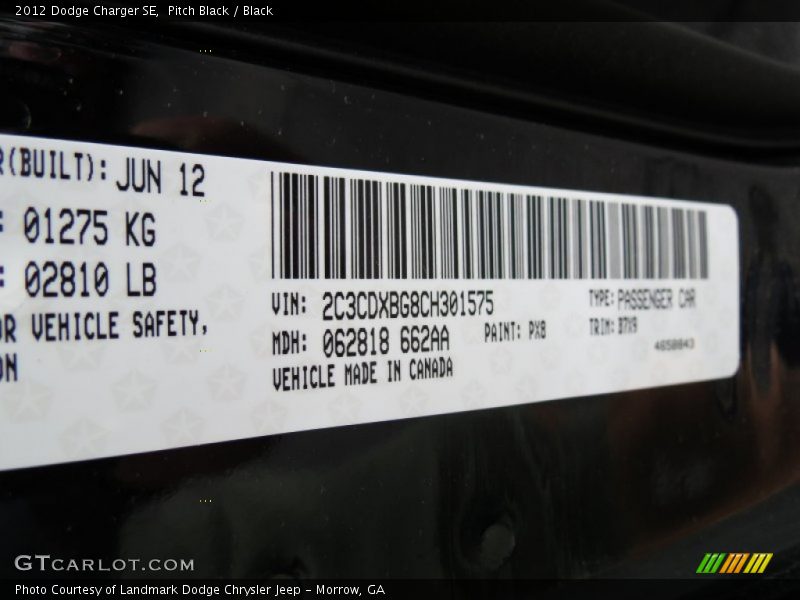 Pitch Black / Black 2012 Dodge Charger SE