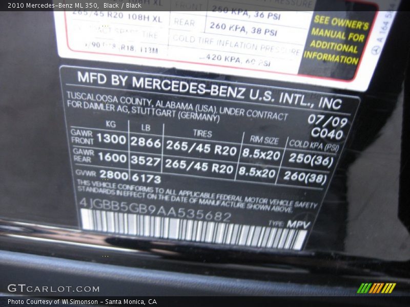 Black / Black 2010 Mercedes-Benz ML 350