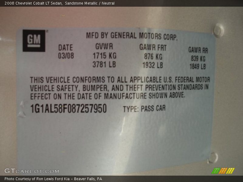 Sandstone Metallic / Neutral 2008 Chevrolet Cobalt LT Sedan