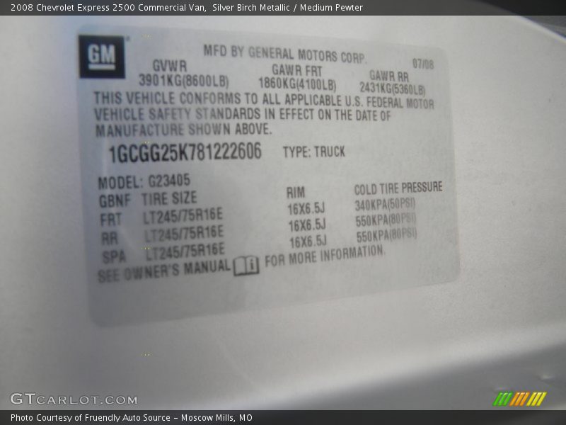 Info Tag of 2008 Express 2500 Commercial Van