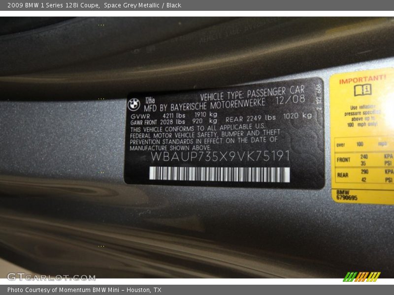 Space Grey Metallic / Black 2009 BMW 1 Series 128i Coupe