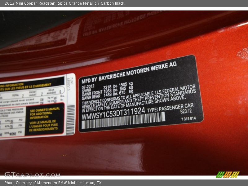 Info Tag of 2013 Cooper Roadster