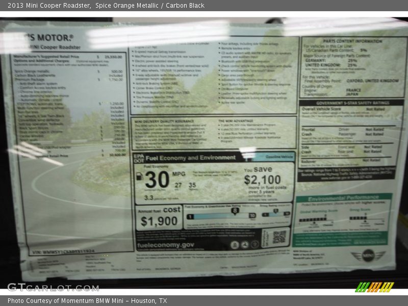  2013 Cooper Roadster Window Sticker