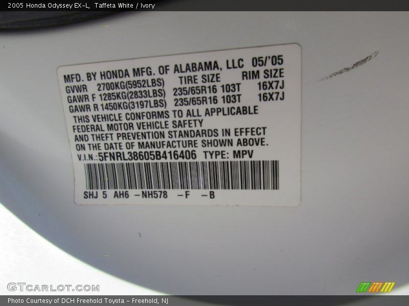 Taffeta White / Ivory 2005 Honda Odyssey EX-L