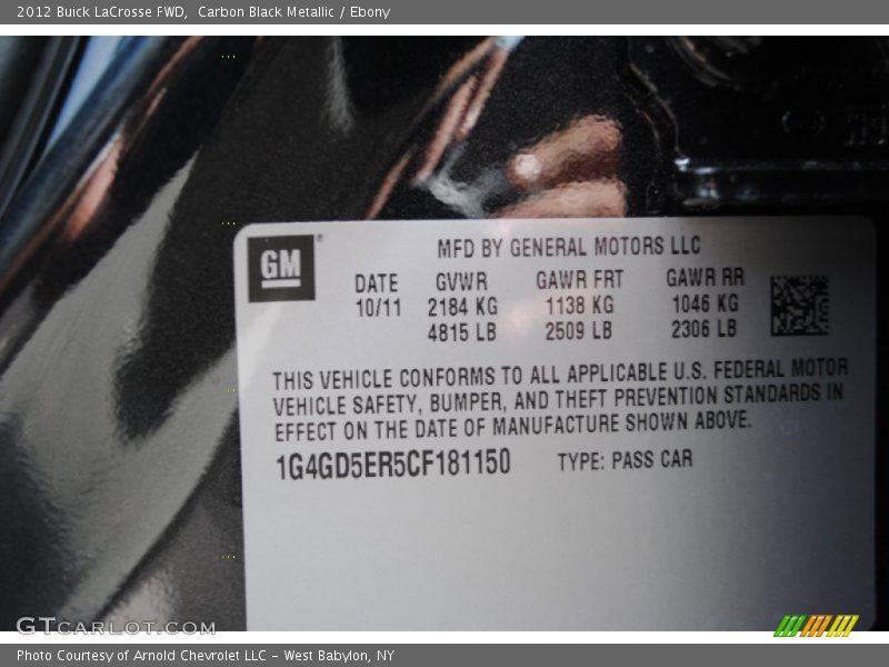 Carbon Black Metallic / Ebony 2012 Buick LaCrosse FWD
