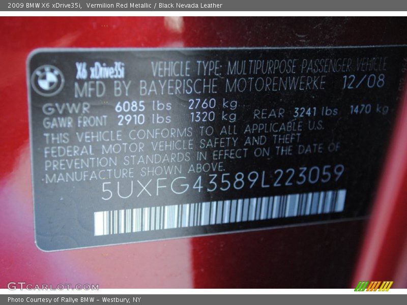 Info Tag of 2009 X6 xDrive35i