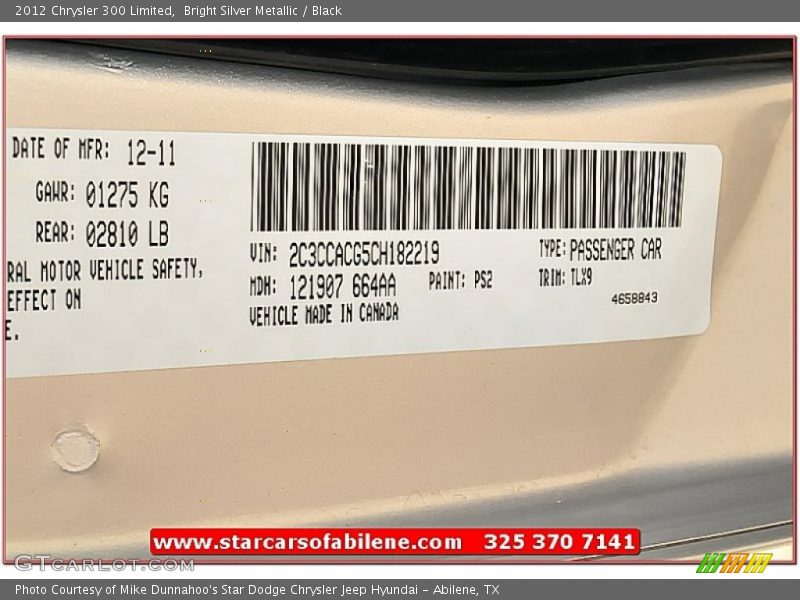 Bright Silver Metallic / Black 2012 Chrysler 300 Limited