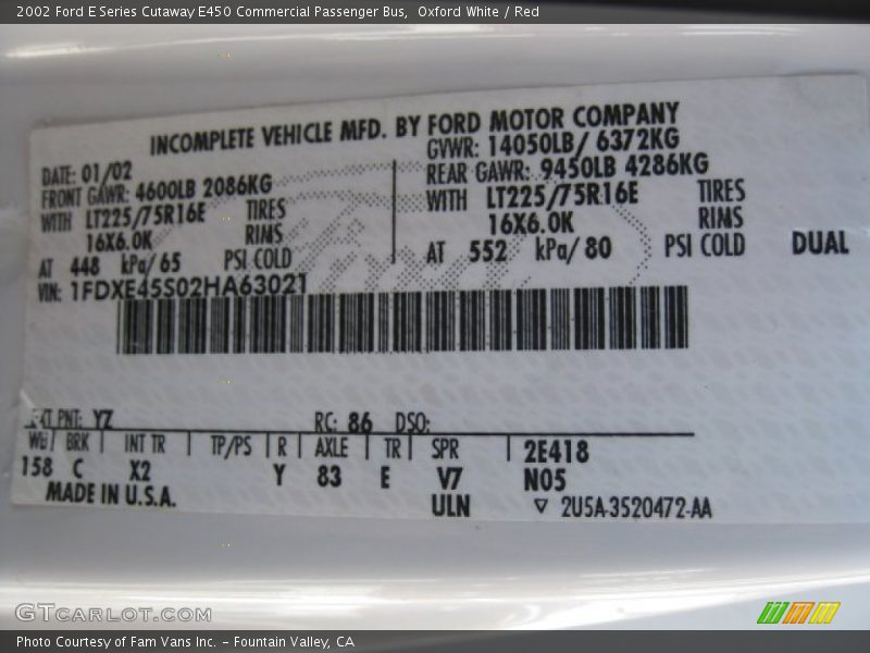 Oxford White / Red 2002 Ford E Series Cutaway E450 Commercial Passenger Bus