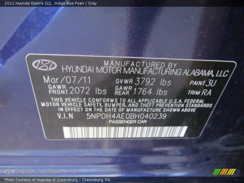 Indigo Blue Pearl / Gray 2011 Hyundai Elantra GLS