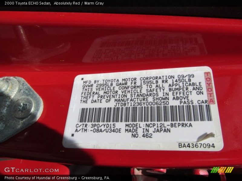 Absolutely Red / Warm Gray 2000 Toyota ECHO Sedan
