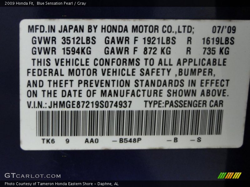 Blue Sensation Pearl / Gray 2009 Honda Fit