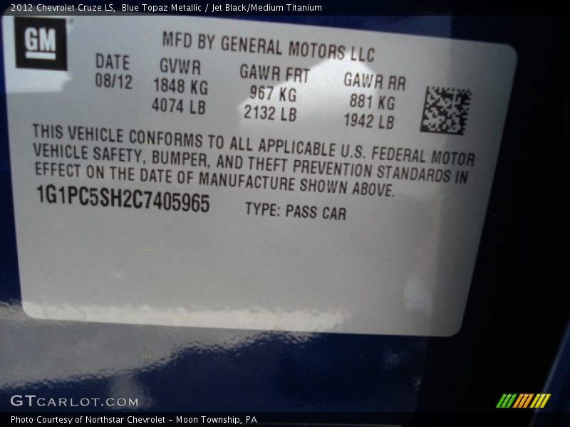 Blue Topaz Metallic / Jet Black/Medium Titanium 2012 Chevrolet Cruze LS