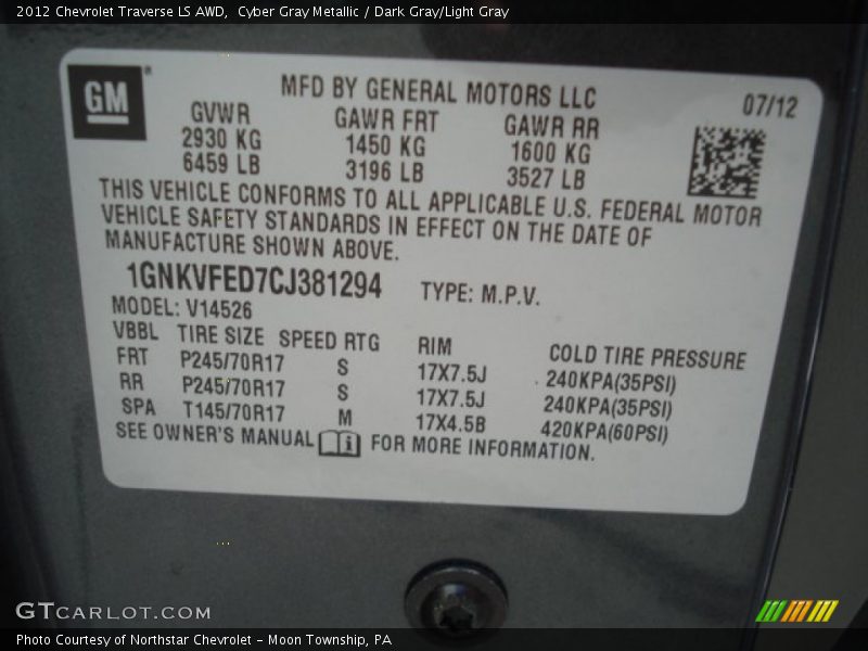Cyber Gray Metallic / Dark Gray/Light Gray 2012 Chevrolet Traverse LS AWD