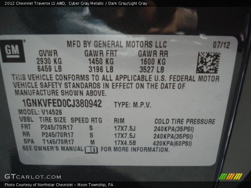 Cyber Gray Metallic / Dark Gray/Light Gray 2012 Chevrolet Traverse LS AWD
