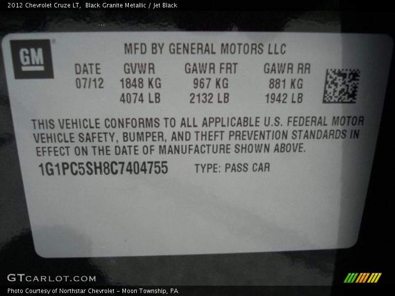 Black Granite Metallic / Jet Black 2012 Chevrolet Cruze LT