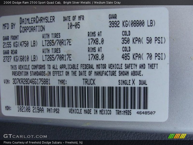 2006 Ram 2500 Sport Quad Cab Bright Silver Metallic Color Code PS2