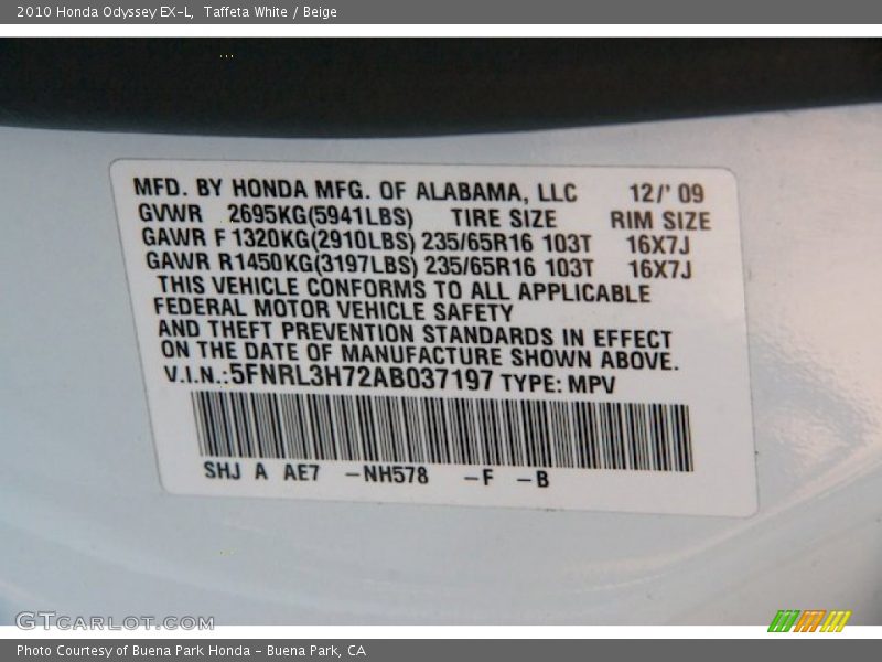 Taffeta White / Beige 2010 Honda Odyssey EX-L