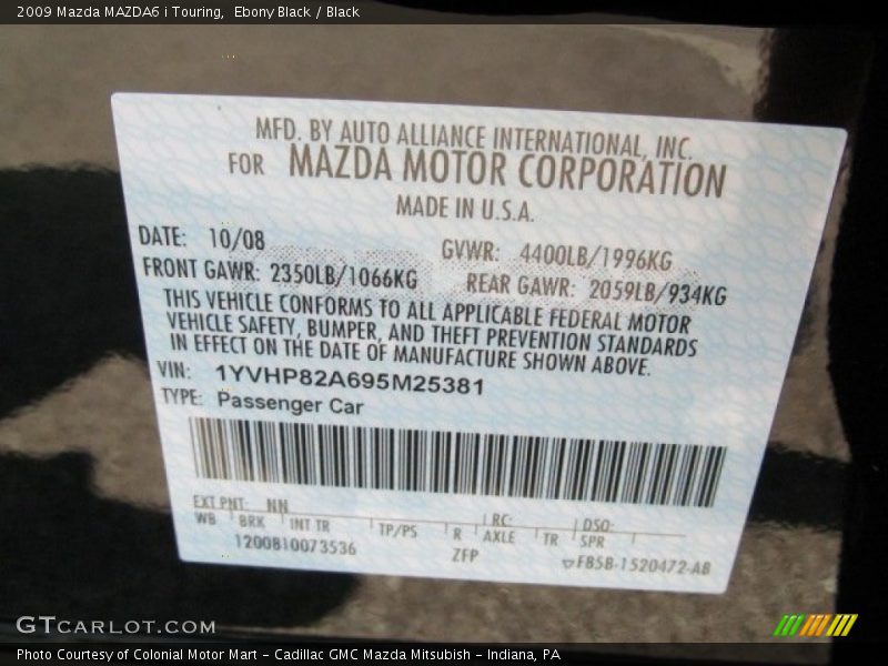 Ebony Black / Black 2009 Mazda MAZDA6 i Touring