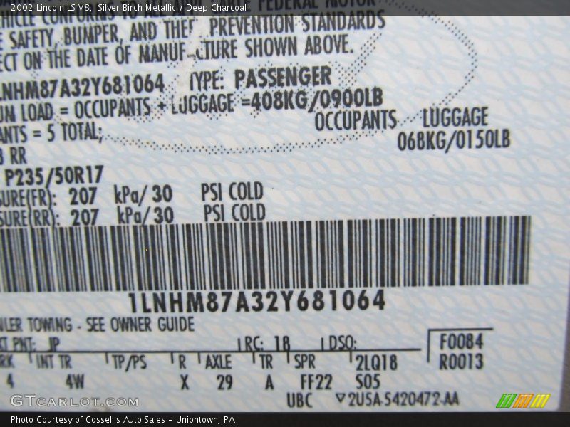 Silver Birch Metallic / Deep Charcoal 2002 Lincoln LS V8