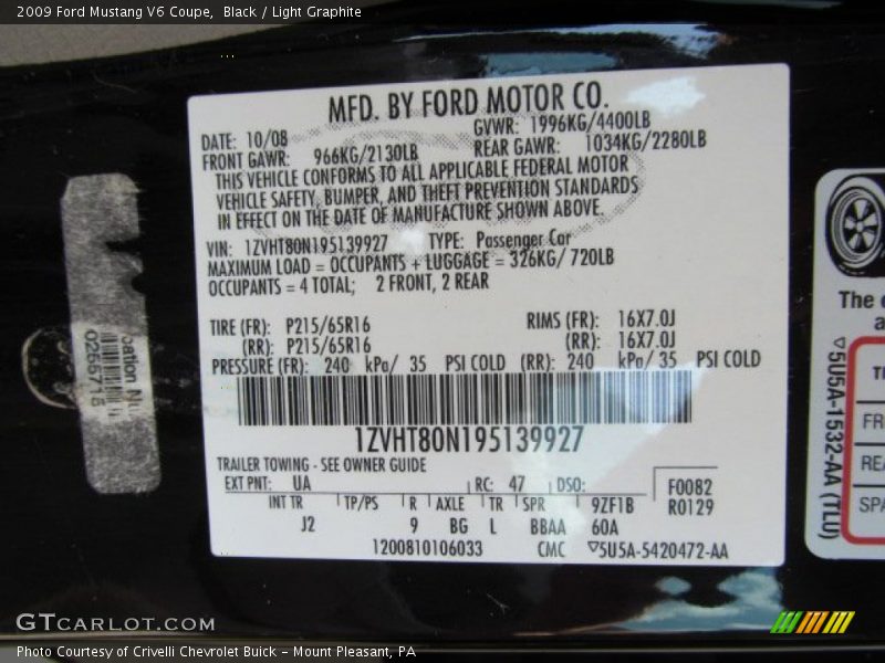 Black / Light Graphite 2009 Ford Mustang V6 Coupe