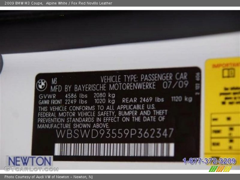 Alpine White / Fox Red Novillo Leather 2009 BMW M3 Coupe