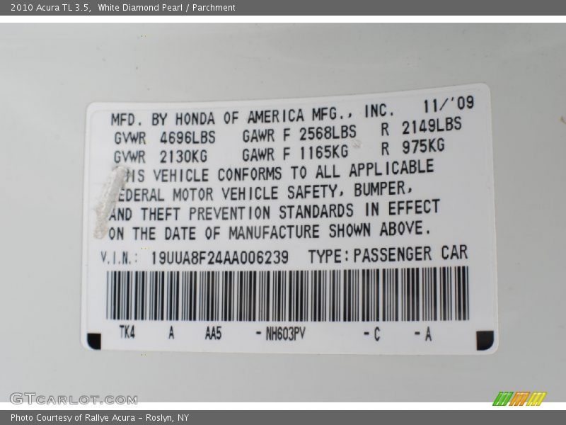 White Diamond Pearl / Parchment 2010 Acura TL 3.5
