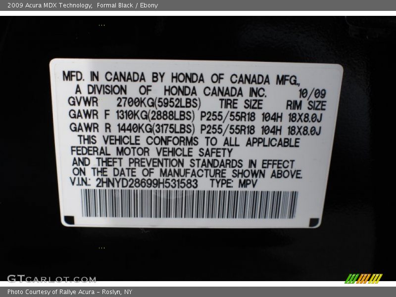 Formal Black / Ebony 2009 Acura MDX Technology