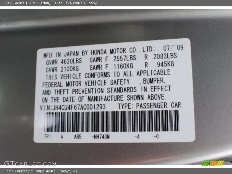 Palladium Metallic / Ebony 2010 Acura TSX V6 Sedan