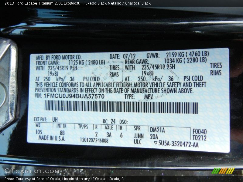 2013 Escape Titanium 2.0L EcoBoost Tuxedo Black Metallic Color Code UH