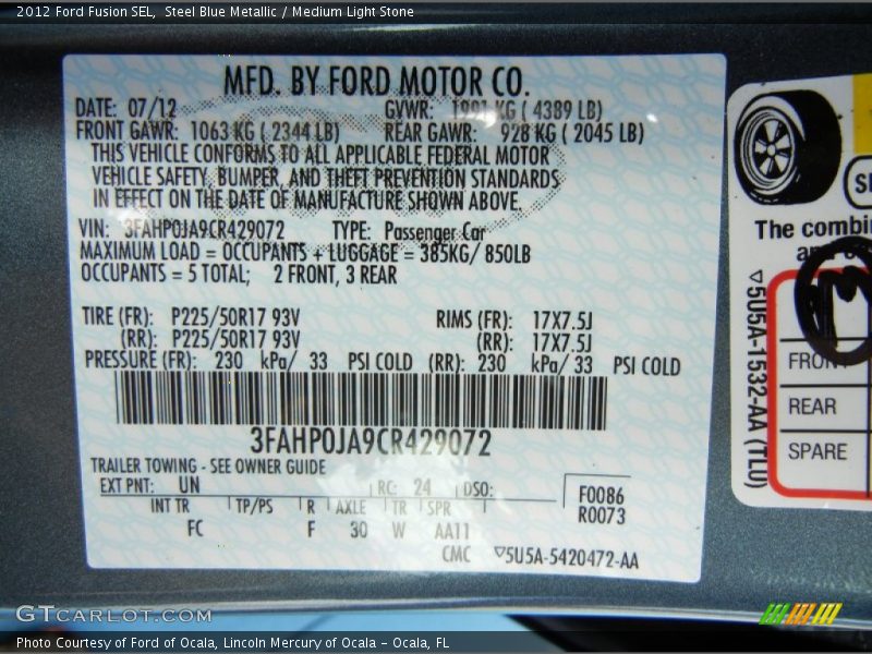 2012 Fusion SEL Steel Blue Metallic Color Code UN