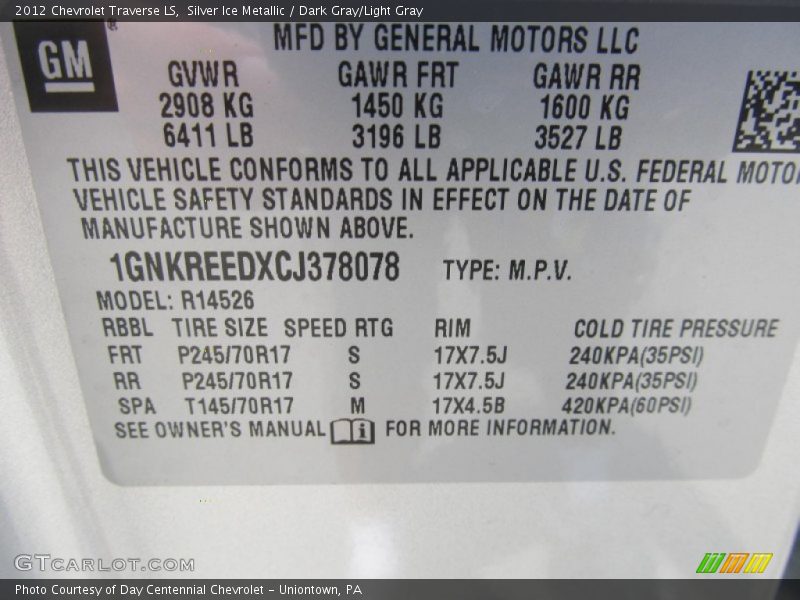 Silver Ice Metallic / Dark Gray/Light Gray 2012 Chevrolet Traverse LS